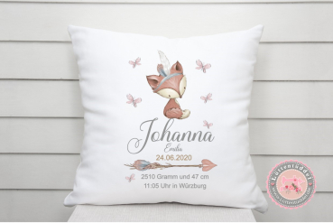 Indiana Fuchs Kissen mit Namen Geburtsdaten KITA Einschulung Geburtstag Geburt Taufe Geburtskissen von Lüttentüddel®